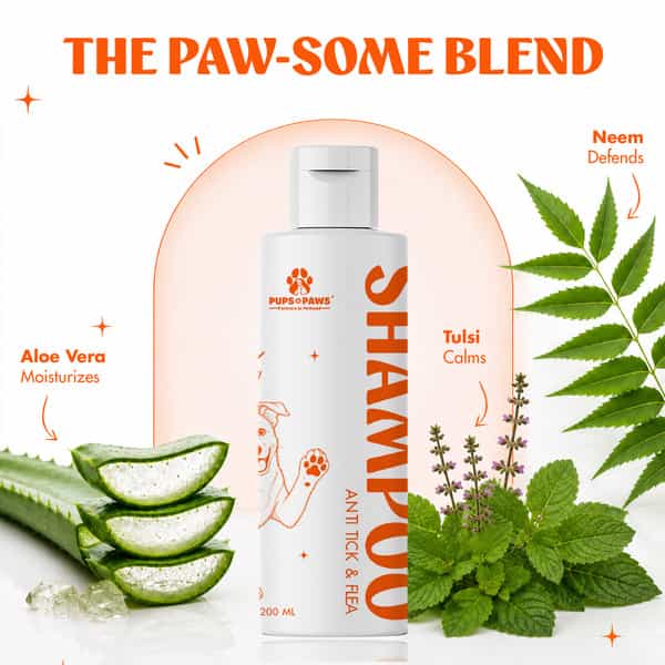 Pups & Paws Anti-Tick & Flea Dog Shampoo With 8% Neem | Tulsi | Aloe Vera & Tea Tree | 200 Ml