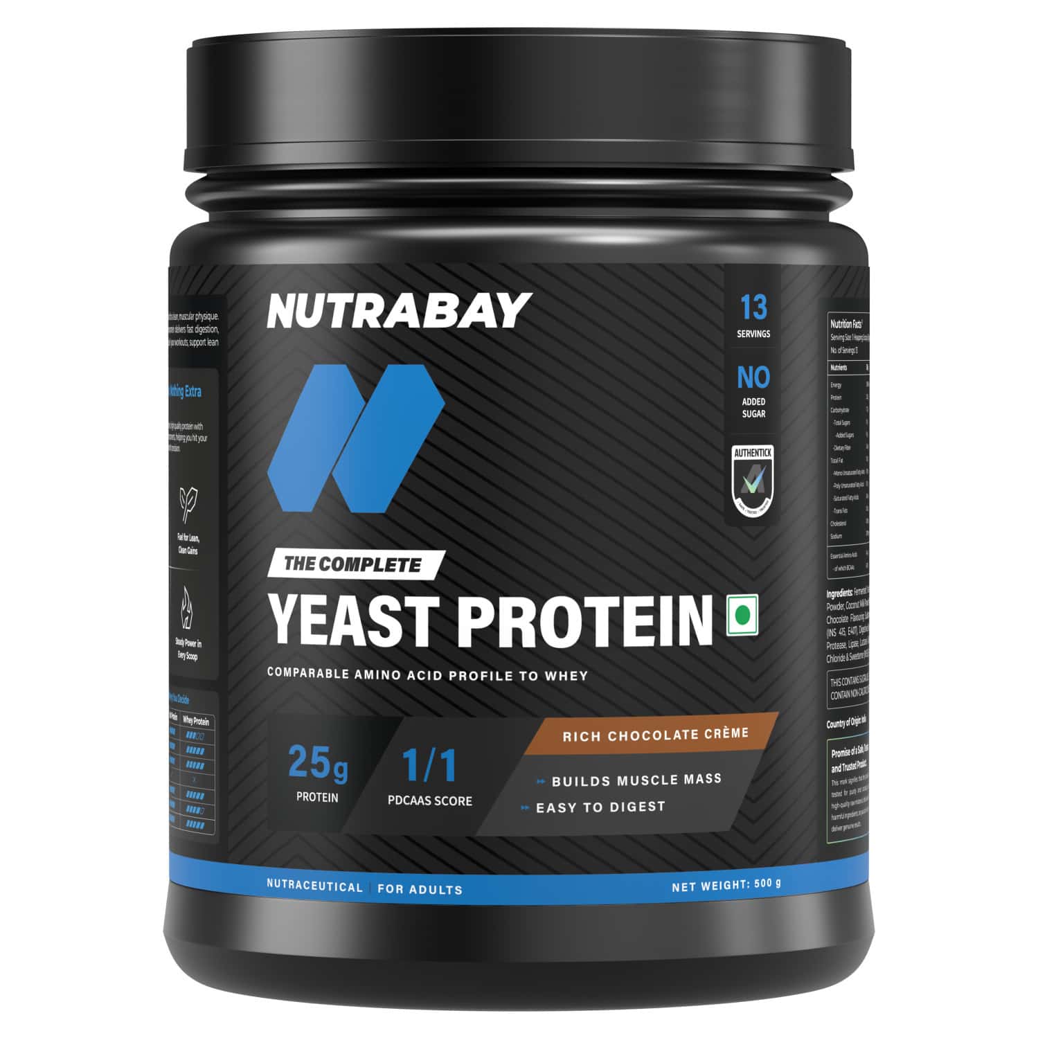 Nutrabay Yeast Protein Powder Rich Chocolate Creme 25g Protein & 6.7g Bcaa Per Scoop Jar 500 Gm