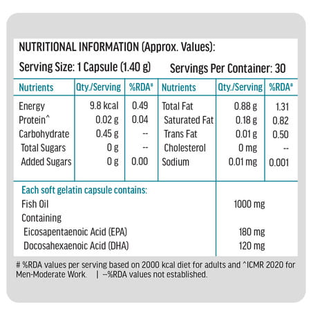 Hk Vitals Fish Oil (30 Capsules) | For Men And Women (1000mg Omega 3 With 180mg Epa & 120mg Dha)