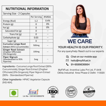 Myfitfuel Curcumin+ (95% Curcuminoids With Ginger Root Extract & Piperine 95% | 600mg | 90 Capsules)