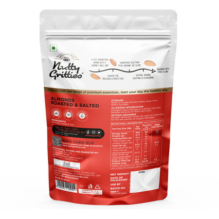 Nutty Gritties California Roasted Almonds| Lightly Salted And Dry Roasted - 200g