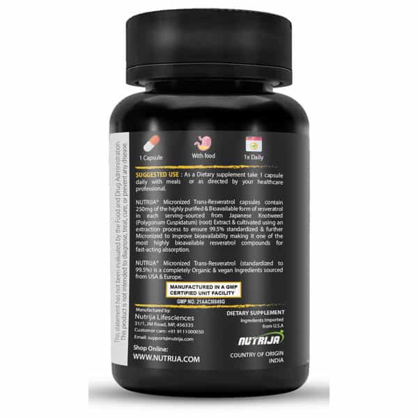 Nutrija Trans Resveratrol 250Mg Capsules - 99.5% Pure Micronized And Highly Bioavailable (30N)