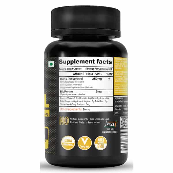 Nutrija Trans Resveratrol 250Mg Capsules - 99.5% Pure Micronized And Highly Bioavailable (30N)