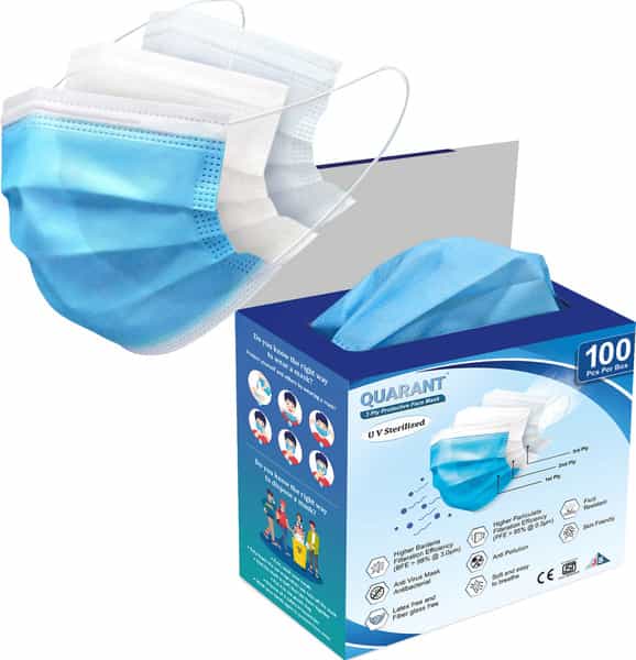 Quarant 3 Ply Protective Surgical Face Mask With Adjustable Nose Pin Uv Sterilized - Pack Of 100