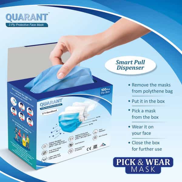 Quarant 3 Ply Protective Surgical Face Mask With Adjustable Nose Pin Uv Sterilized - Pack Of 100