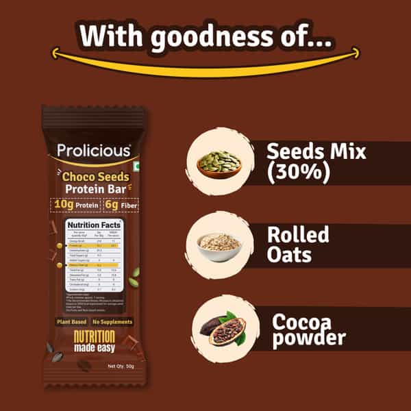 Prolicious Choco Seeeds 10G Protein & 4G Fiber | No Refined Sugar | Plant Based - 50G