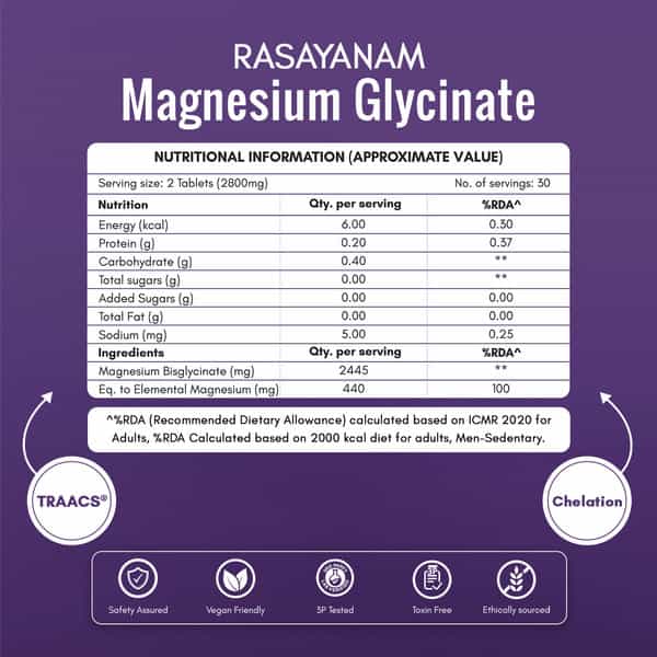 Rasayanam Magnesium Glycinate | High Absorption | Sleep | Relaxation & Recovery | 2 X 60 Tablets