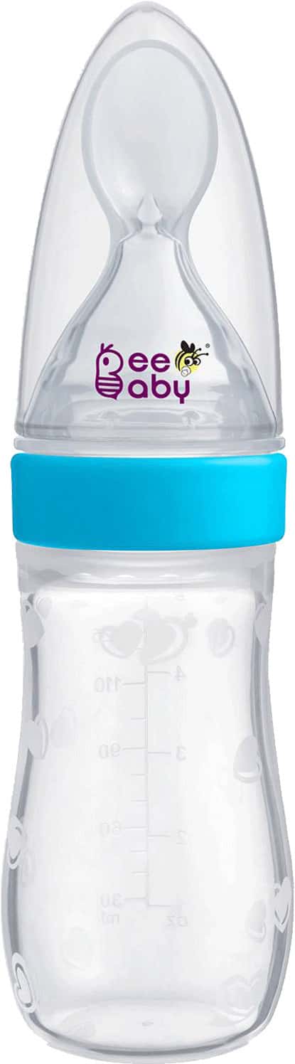 Beebaby Silicone Squeezy Food Feeder With Plastic Spoon Round Base 125 Ml / 4 Oz. (Blue)