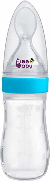Beebaby Silicone Squeezy Food Feeder With Plastic Spoon Round Base 125 Ml / 4 Oz. (Blue)