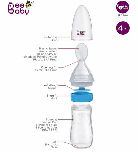 Beebaby Silicone Squeezy Food Feeder With Plastic Spoon Round Base 125 Ml / 4 Oz. (Blue)
