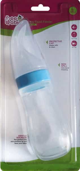 Beebaby Silicone Squeezy Food Feeder With Plastic Spoon Round Base 125 Ml / 4 Oz. (Blue)