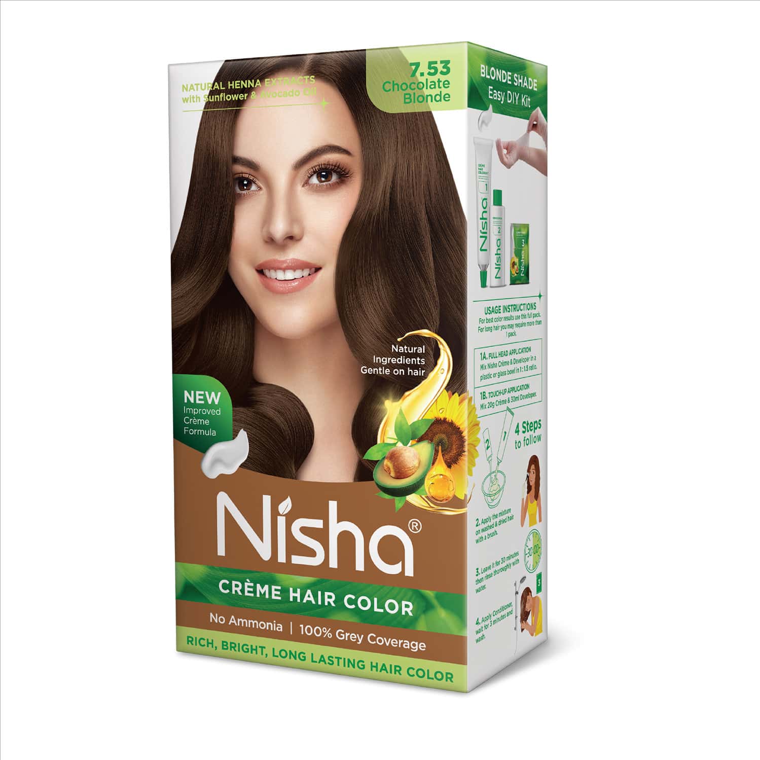 Nisha Creme Hair Color 7.53 Chocolate Blonde (60gm+90ml+18ml) Permanent Hair Colour For Women & Men