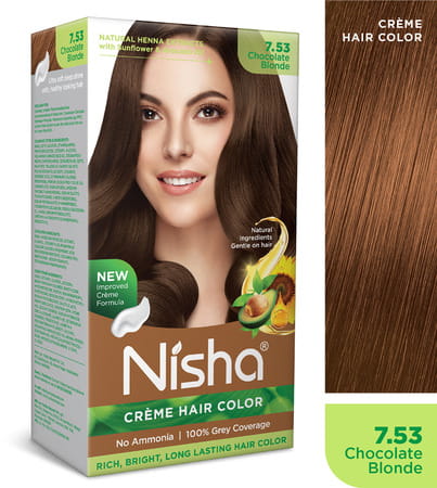 Nisha Creme Hair Color 7.53 Chocolate Blonde (60gm+90ml+18ml) Permanent Hair Colour For Women & Men