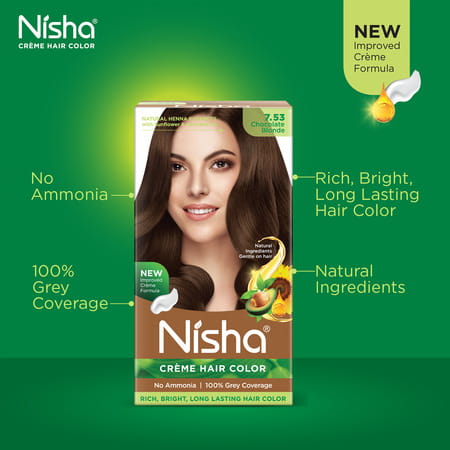Nisha Creme Hair Color 7.53 Chocolate Blonde (60gm+90ml+18ml) Permanent Hair Colour For Women & Men