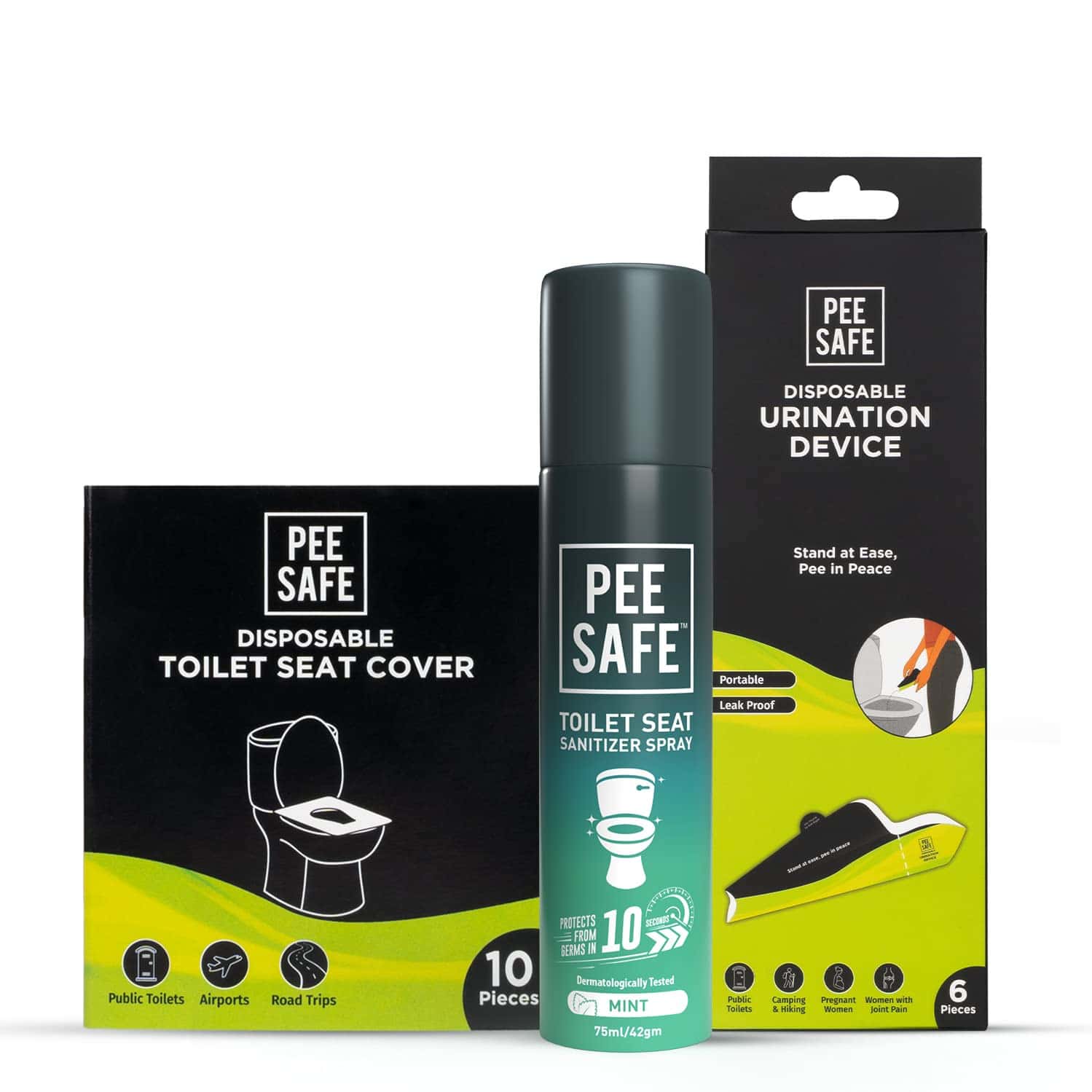 Peesafe Toilet Hygiene Combo - Seat Sanitizer 75ml|Disposable Seat Cover 10pcs|Urination Device 6pcs