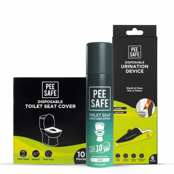 Peesafe Toilet Hygiene Combo - Seat Sanitizer 75Ml|Disposable Seat Cover 10Pcs|Urination Device 6Pcs