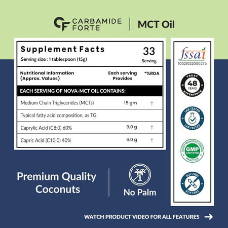 Carbamide Forte Pure Mct Oil C8 From Usa | 100% Coconut Source | Keto & Paleo Friendly | 500ml