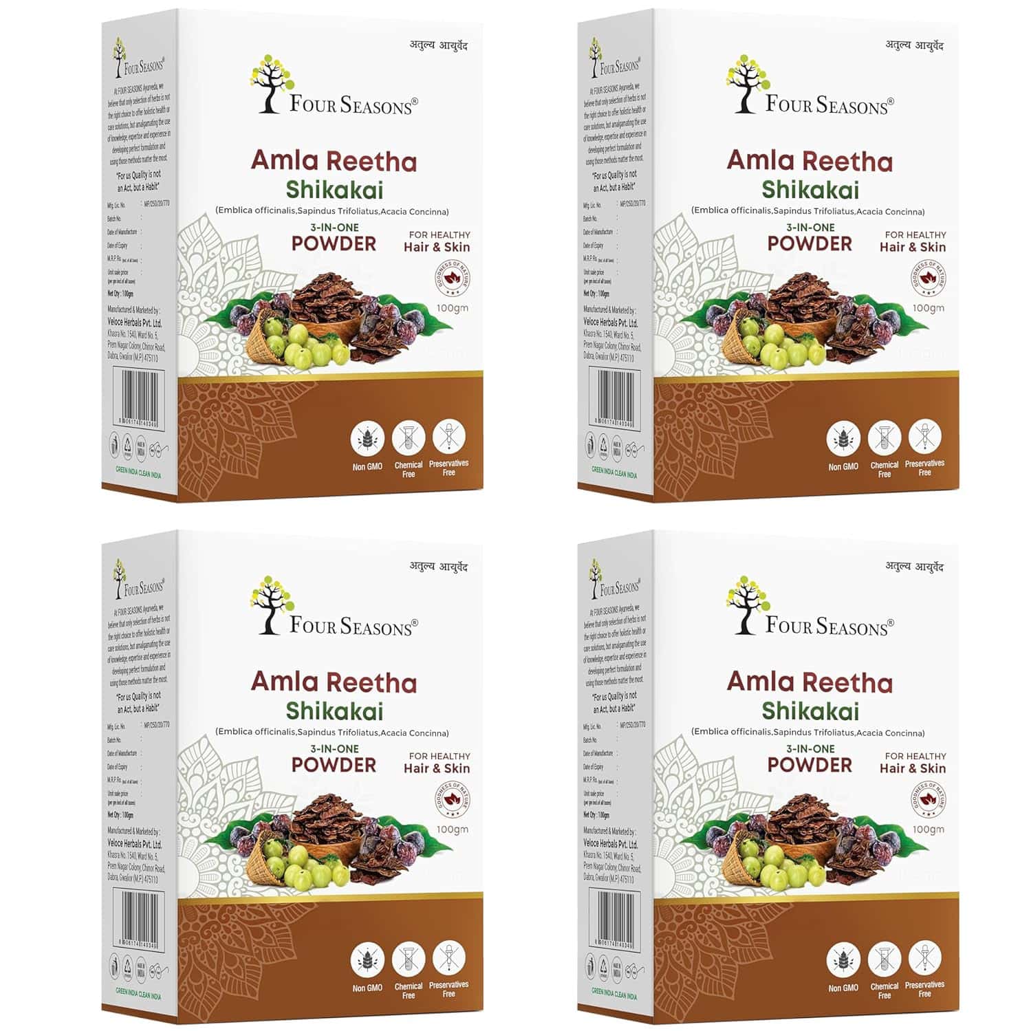 Four Seasons Amla Reetha Shikakai 3 In 1 Powder 100g | Natural | Hair Care Pack (Pack Of 4)