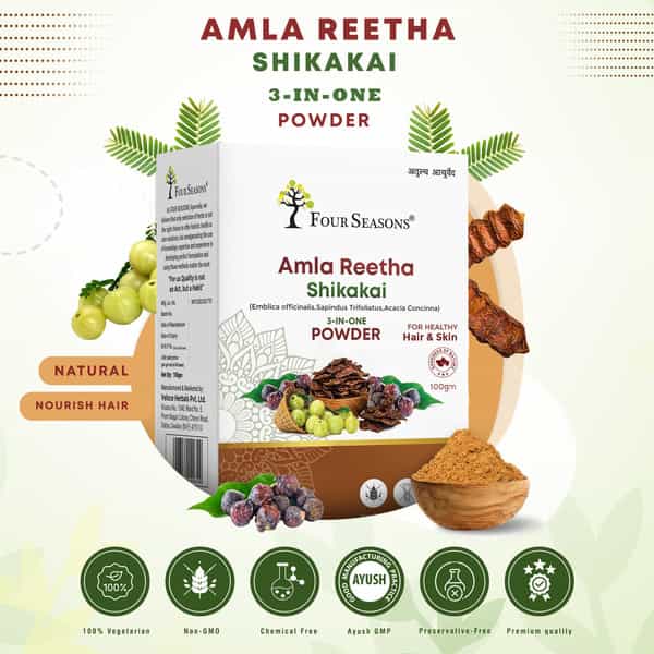 Four Seasons Amla Reetha Shikakai 3 In 1 Powder 100G | Natural | Hair Care Pack (Pack Of 4)