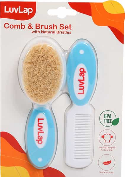 Luvlap Baby Comb With Rounded Tips & Hair Brush With Natural Bristles - White And Blue 2 Count