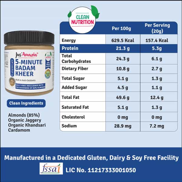Jus Amazin 5-Minute Badam Kheer -200G|Clean Nutrition|86% Almonds | No Refined Sugar Dairy Free