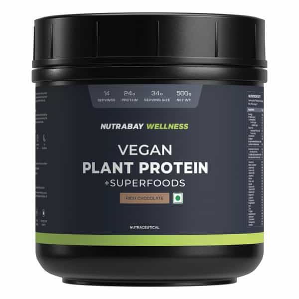 Nutrabay Wellness Vegan Plant Protein Powder + Superfoods Rich Chocolate - 500G
