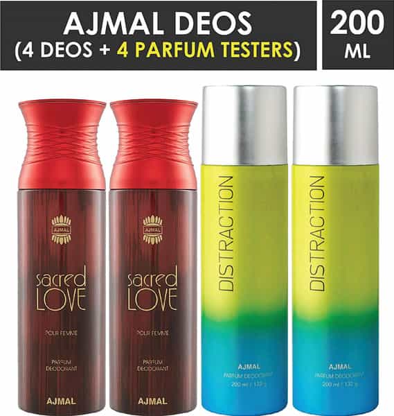 Ajmal 2 Sacred Love For Women & 2 Distraction For Men & Women Deodorants Each 200Ml Combo Pack Of 4