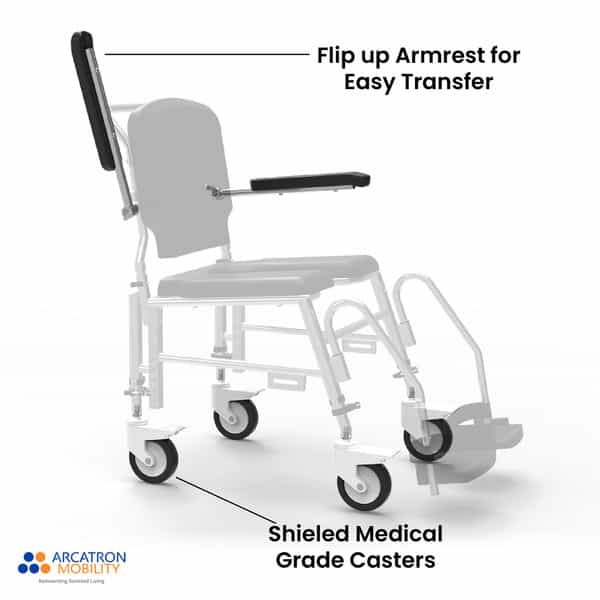 Arcatron Prime Assistant Propelled Shower Commode Wheelchair - Height Adjustability & Swivel Armrest