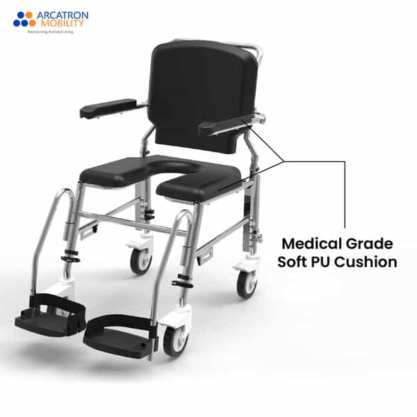 Arcatron Prime Assistant Propelled Shower Commode Wheelchair - Height Adjustability & Swivel Armrest