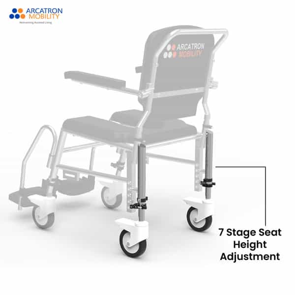 Arcatron Prime Assistant Propelled Shower Commode Wheelchair - Height Adjustability & Swivel Armrest