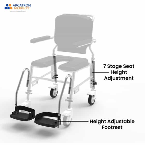 Arcatron Prime Assistant Propelled Shower Commode Wheelchair - Height Adjustability & Swivel Armrest