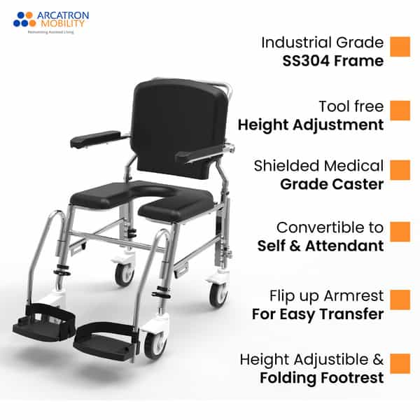 Arcatron Prime Assistant Propelled Shower Commode Wheelchair - Height Adjustability & Swivel Armrest
