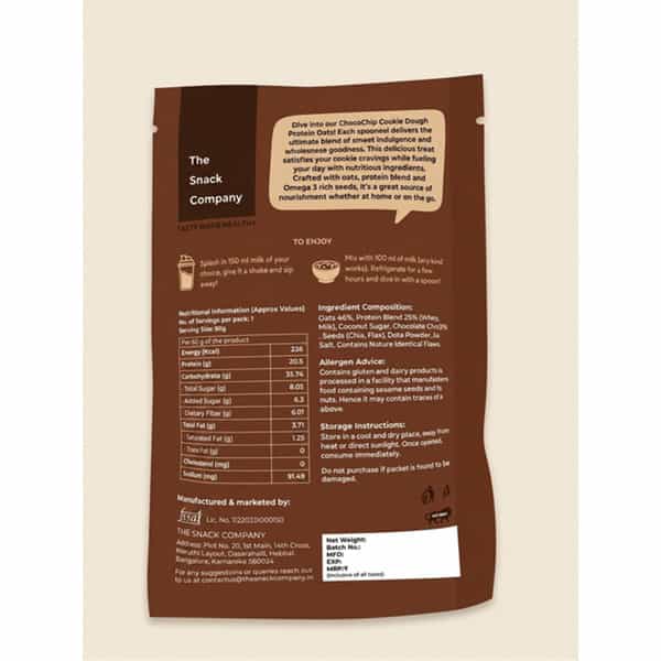 The Snack Company Protein Oats - Chocochip Cookie Dough | 20.5G Protein | 6G Fibre | No Soy
