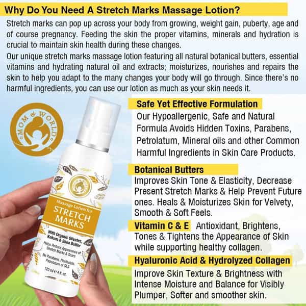 Mom & World Massage Lotion For Stretch Marks - With Organic Olivates 120 Ml