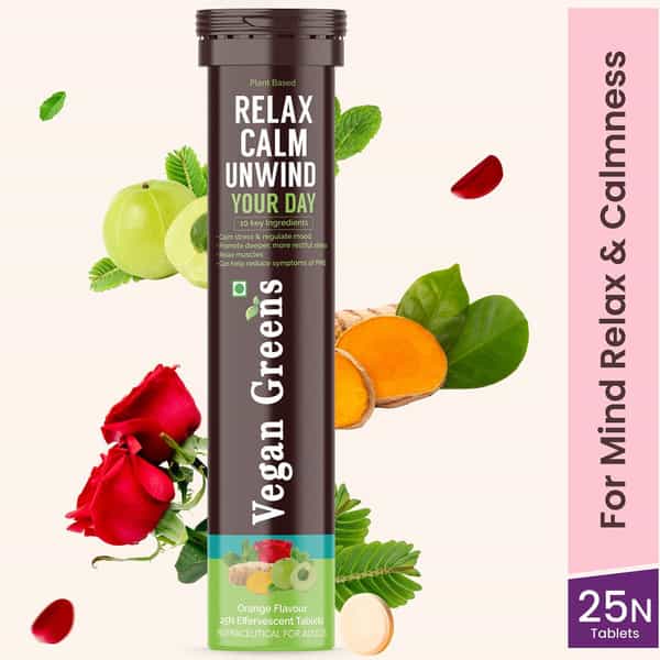 Vegan Greens Relax Calm Unwind Your Day. Calm Daily Stress, Better Mood &Sleep 25 Effervesc., Orange