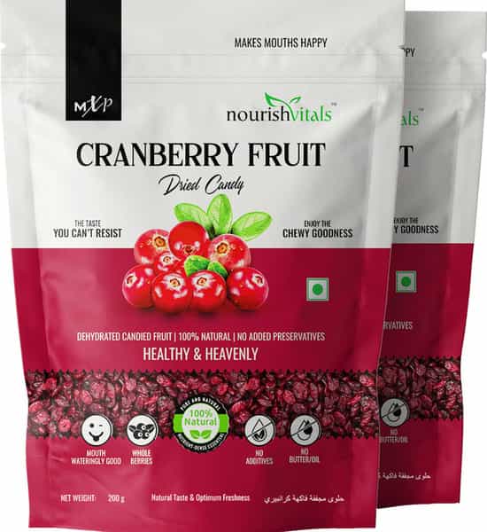 Nourishvitals Cranberry Fruit Dried Candy 200G X Pack Of 2 - 100% Natural Mouth Wateringly Good