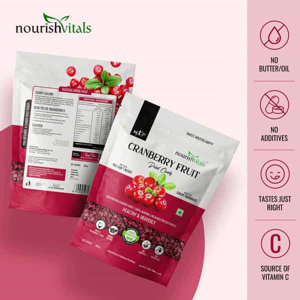 Nourishvitals Cranberry Fruit Dried Candy 200G X Pack Of 2 - 100% Natural Mouth Wateringly Good