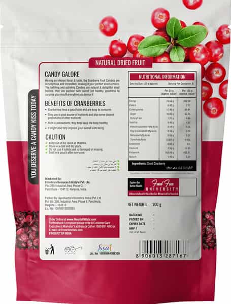 Nourishvitals Cranberry Fruit Dried Candy 200G X Pack Of 2 - 100% Natural Mouth Wateringly Good