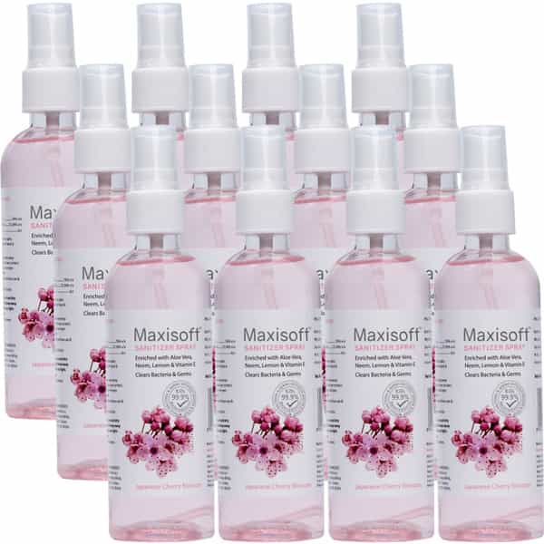 Maxisoft Japanese Cherry Blossom Sanitizer Spray | Aloe Vera Neem & Vitamin E (120 Ml Pack Of 12)