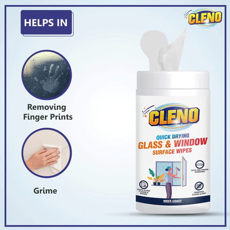 Cleno Quick Drying Glass & Window Surface Wet Wipes E- 50 Wipes (Pack Of 2)