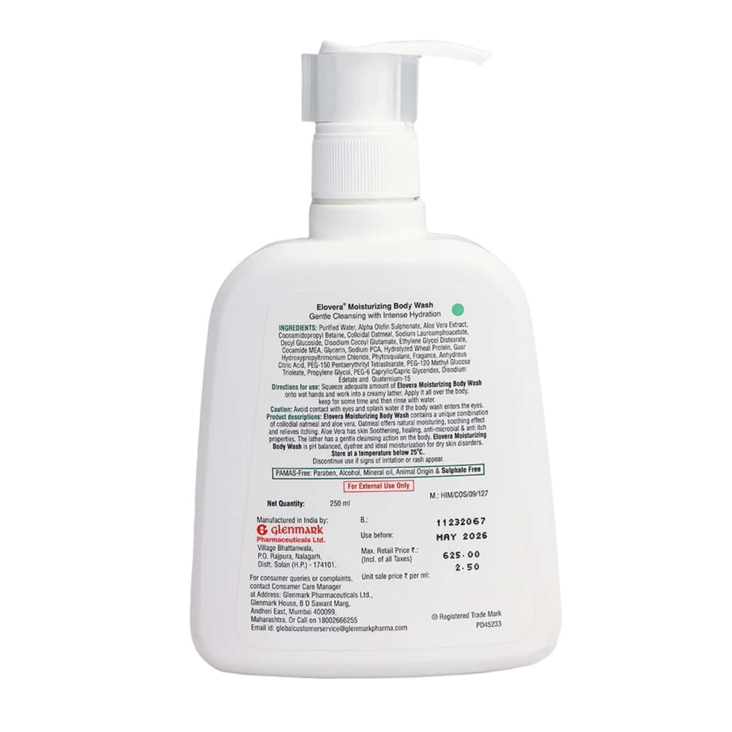 Buy GLENMARK ELOVERA MOISTURIZING BODY WASH BOTTLE OF 250ML Online