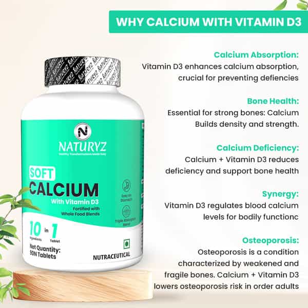 Naturyz Soft Calcium With Vitamin D3, 10 In 1 Tablet, Triple Absorption For Bone Health - 90 Tablets