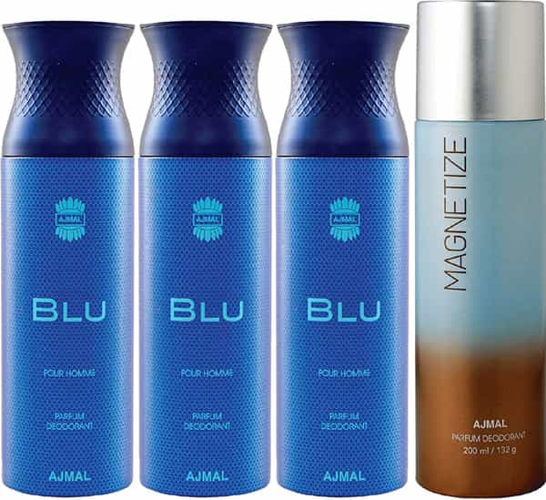 Ajmal 3 Blu Homme For Men And 1 Magnetize For Men & Women Deodorants Each 200Ml Combo Pack Of 4
