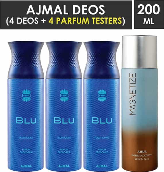 Ajmal 3 Blu Homme For Men And 1 Magnetize For Men & Women Deodorants Each 200Ml Combo Pack Of 4