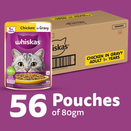 Whiskas Adult (1+ Years) Wet Cat Food | Chicken In Gravy | 80 G (Pack Of 56)