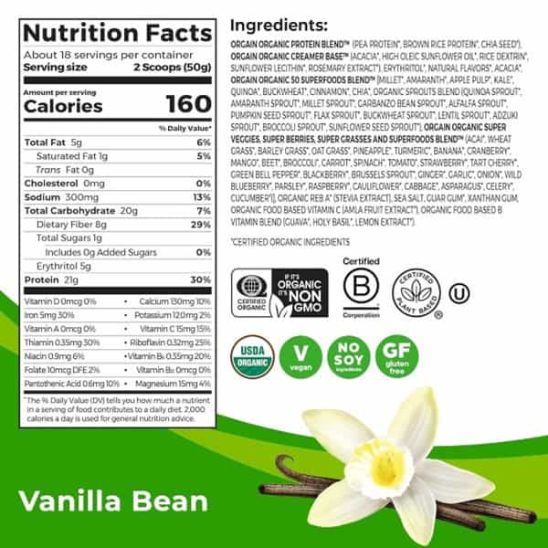 Orgain Organic Plant Based Protein Powder | Gluten Free | Vanilla Bean | 1 Count | 2.74 Pound