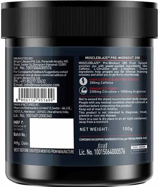 Muscleblaze Pre Workout 200 200Mg Caffeine 2200Mg Citrulline (Fruit Splash 100G 20 Servings)