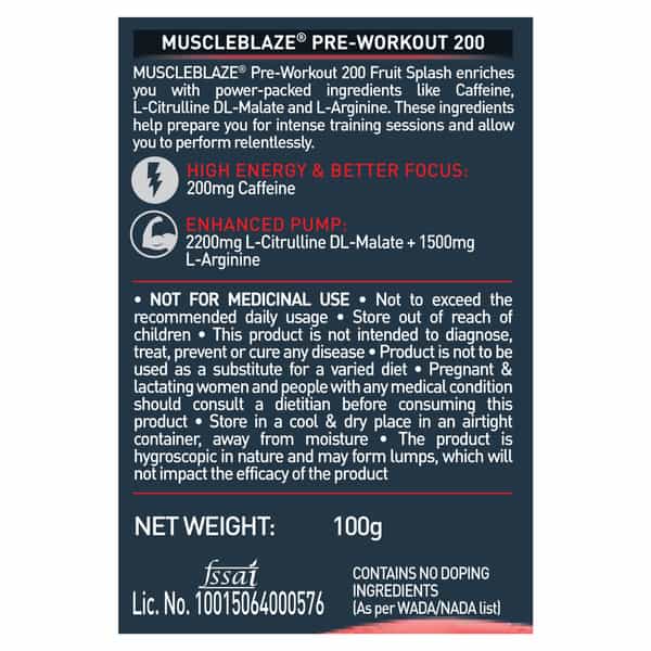Muscleblaze Pre Workout 200 200Mg Caffeine 2200Mg Citrulline (Fruit Splash 100G 20 Servings)