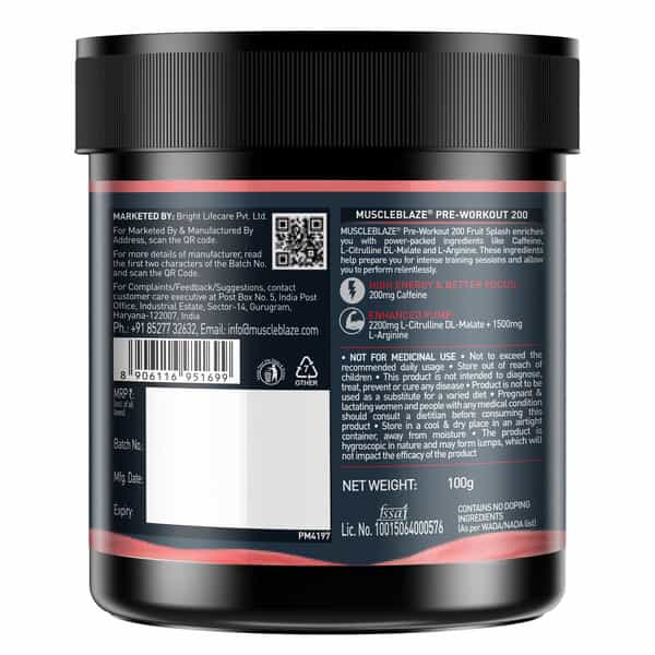 Muscleblaze Pre Workout 200 200Mg Caffeine 2200Mg Citrulline (Fruit Splash 100G 20 Servings)