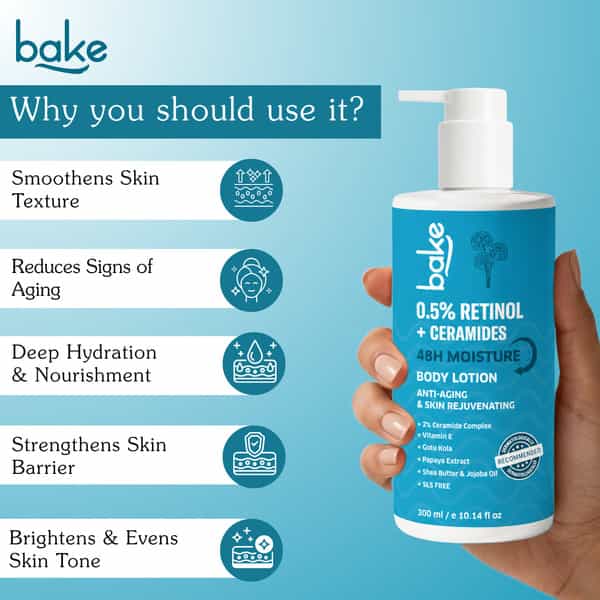 Bake0.5% Retinol + 2% Ceramide Body Lotion For Dry| Aging Skin And Reduce Fine Lines (300Ml)